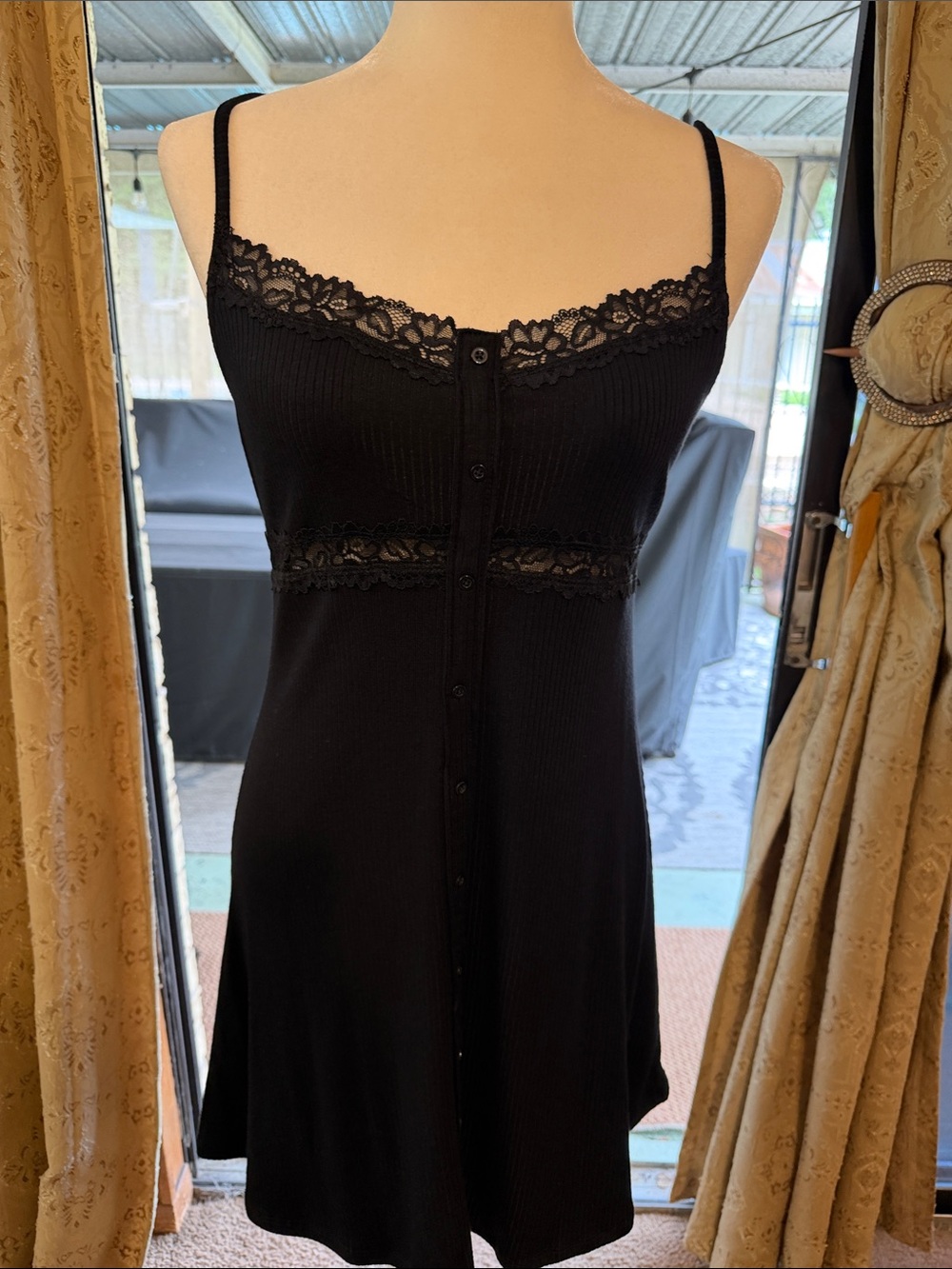 wild fable Black Lace-Trim Button-Front Chemise